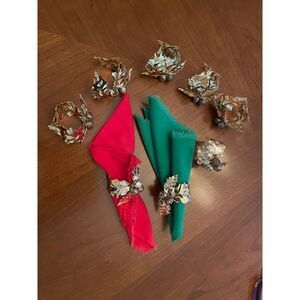 Dept.56 8-Holly Berry napkin rings Christmas gold leaf with jingle bells